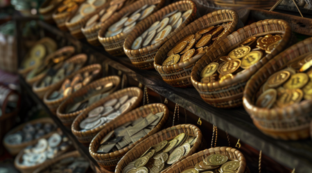 Fotorealistische afbeelding van een winkel die cryptoproducten verkoopt, met displays van munten in een moderne winkelomgeving