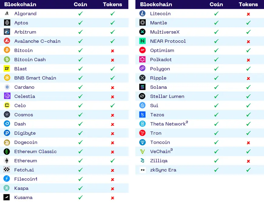 Een overzicht van de blockchain netwerken die ondersteund worden.