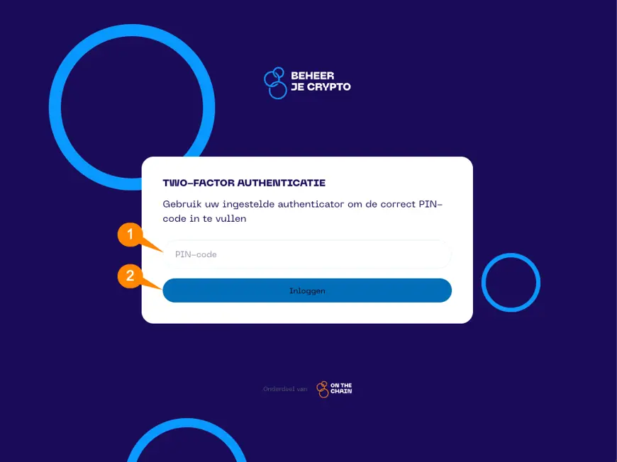 Een screenshot van de Portfolio App met schermonderdeel aanwijzingen voor het two-factor authenticatie scherm