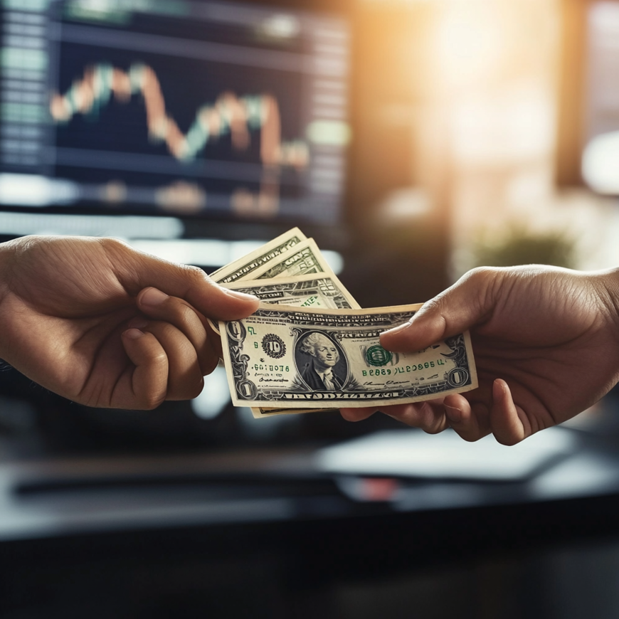 Twee handen die een stapel dollars uitwisselen