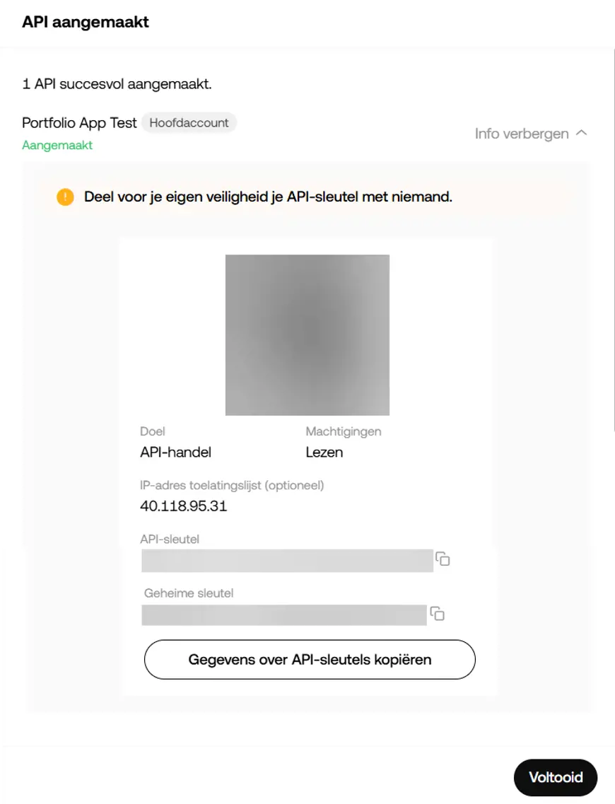 Het interface van OKX met een aanduiding van het aangemaakte API sleutel
