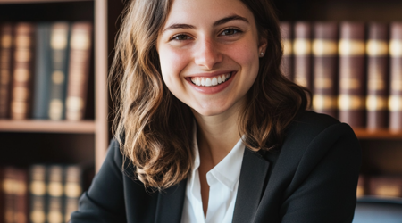 Een jong vrouwelijke advocaat met in de achtergrond gevulde boekenkasten.