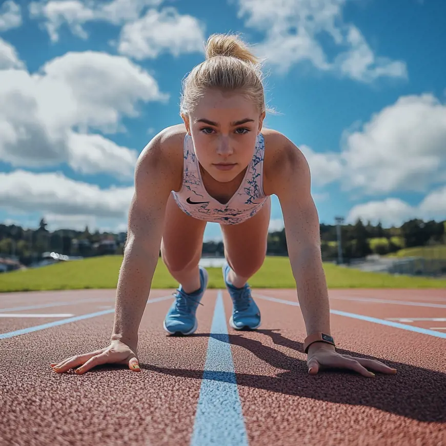 Deze foto toont een blonde vrouwelijke atleet in atletiekkleding van Nike, in de startpositie op een buitenbaan.