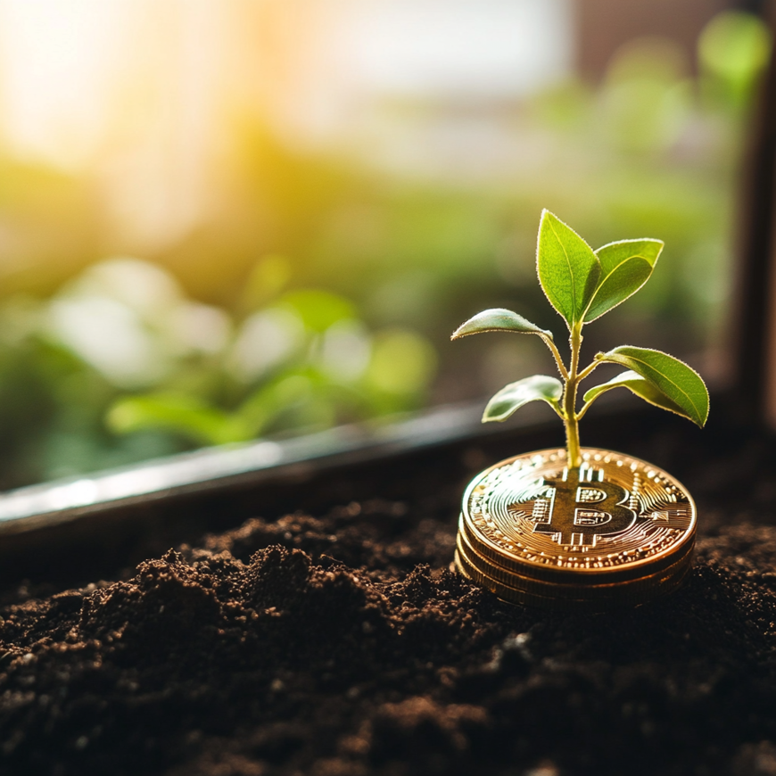 Een stapel bitcoins in de grond geplant met een klein groen plantje die op de stapel groeit.