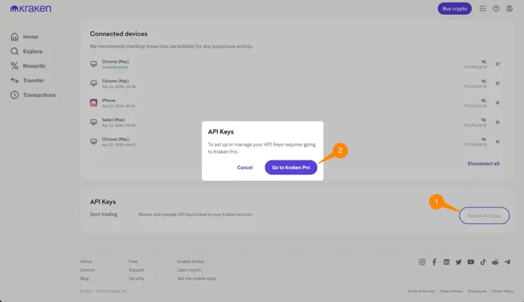 Screenshot van Kraken met een aanwijzing voor navigeren naar Kraken pro