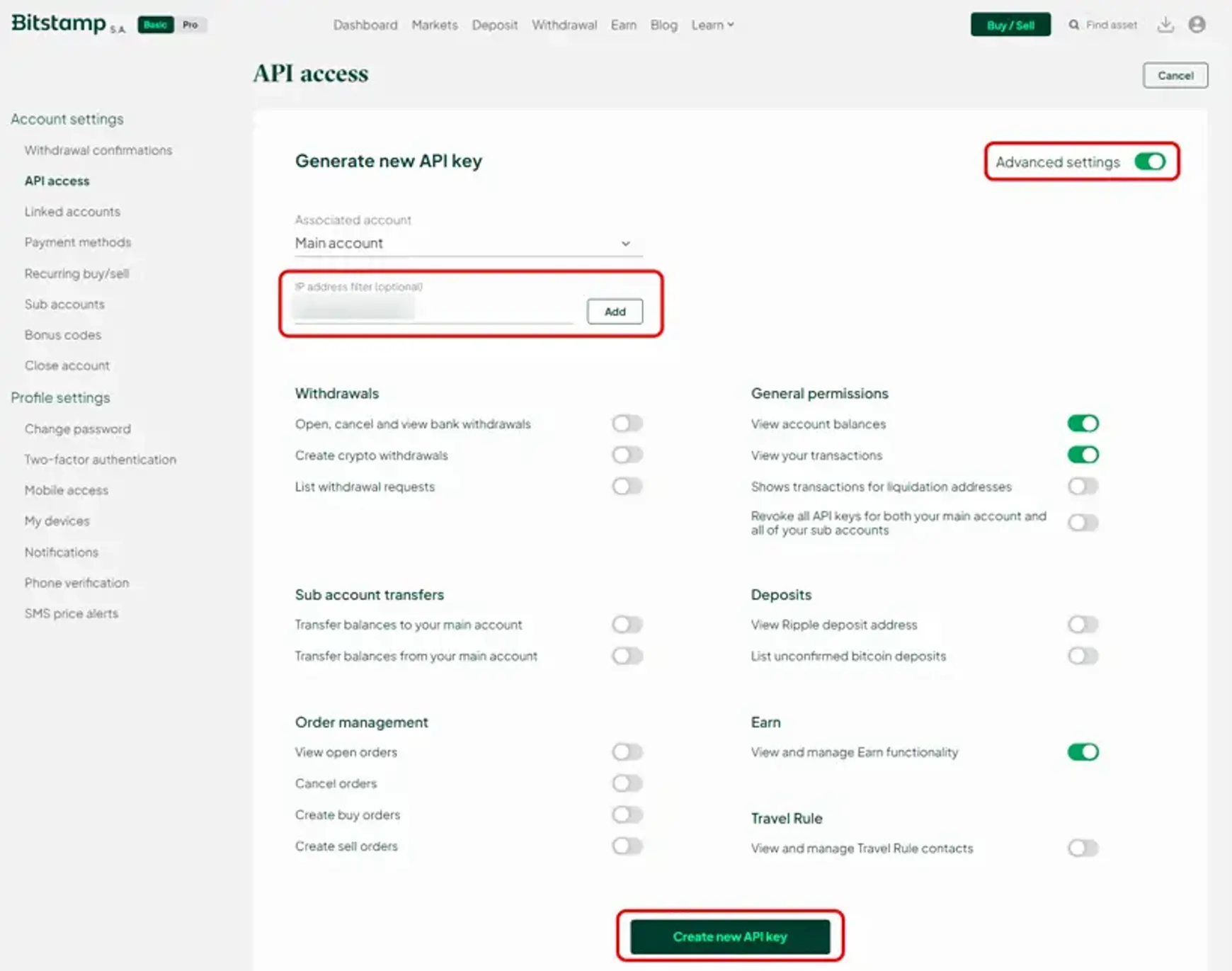 Screenshot van Bitstamp met een aanwijzing voor geavanceerde instellingen en beperken van IP reeks
