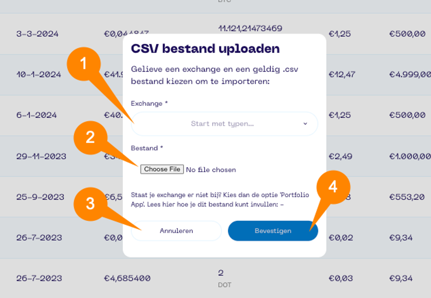 Een screenshot van de Portfolio App met schermonderdeel aanwijzingen voor het CSV bestand uploaden scherm
