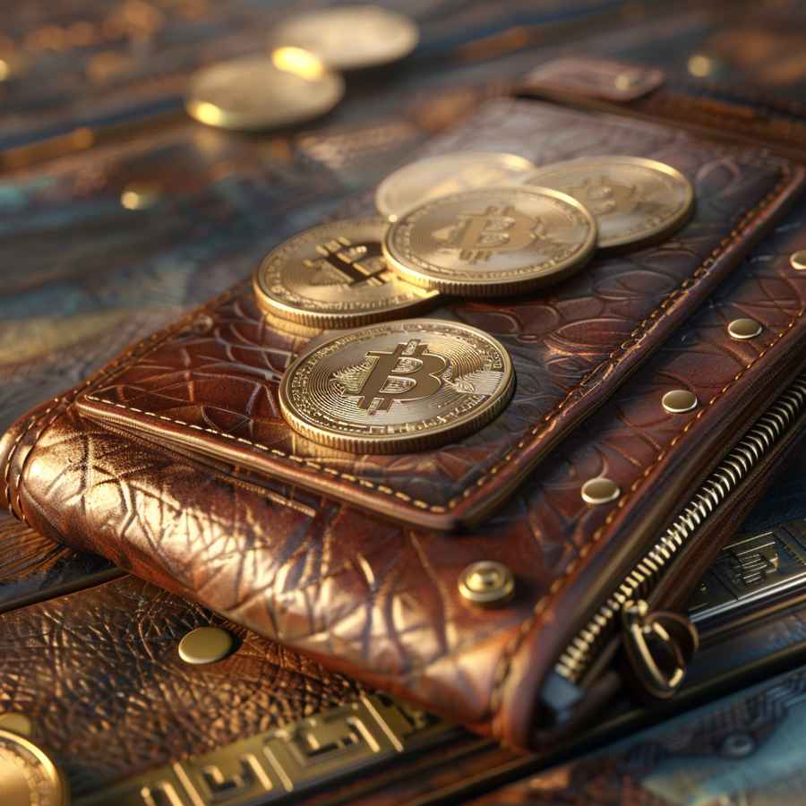 Een tweetal portomonees met daarboven op een vijftal bitcoins.