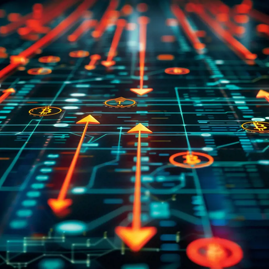 Illustratie van crypto-exchanges met pijlen die de handel en uitwisseling van digitale valuta tonen.