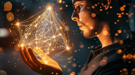 Een man met een bril en baard op zijn kin kijkt naar een representatie van een blockchain netwerk in zijn handen.