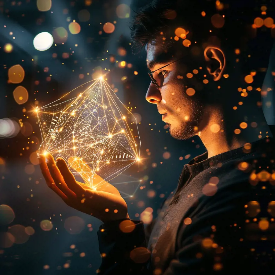 Een man met een bril en baard op zijn kin kijkt naar een representatie van een blockchain netwerk in zijn handen.
