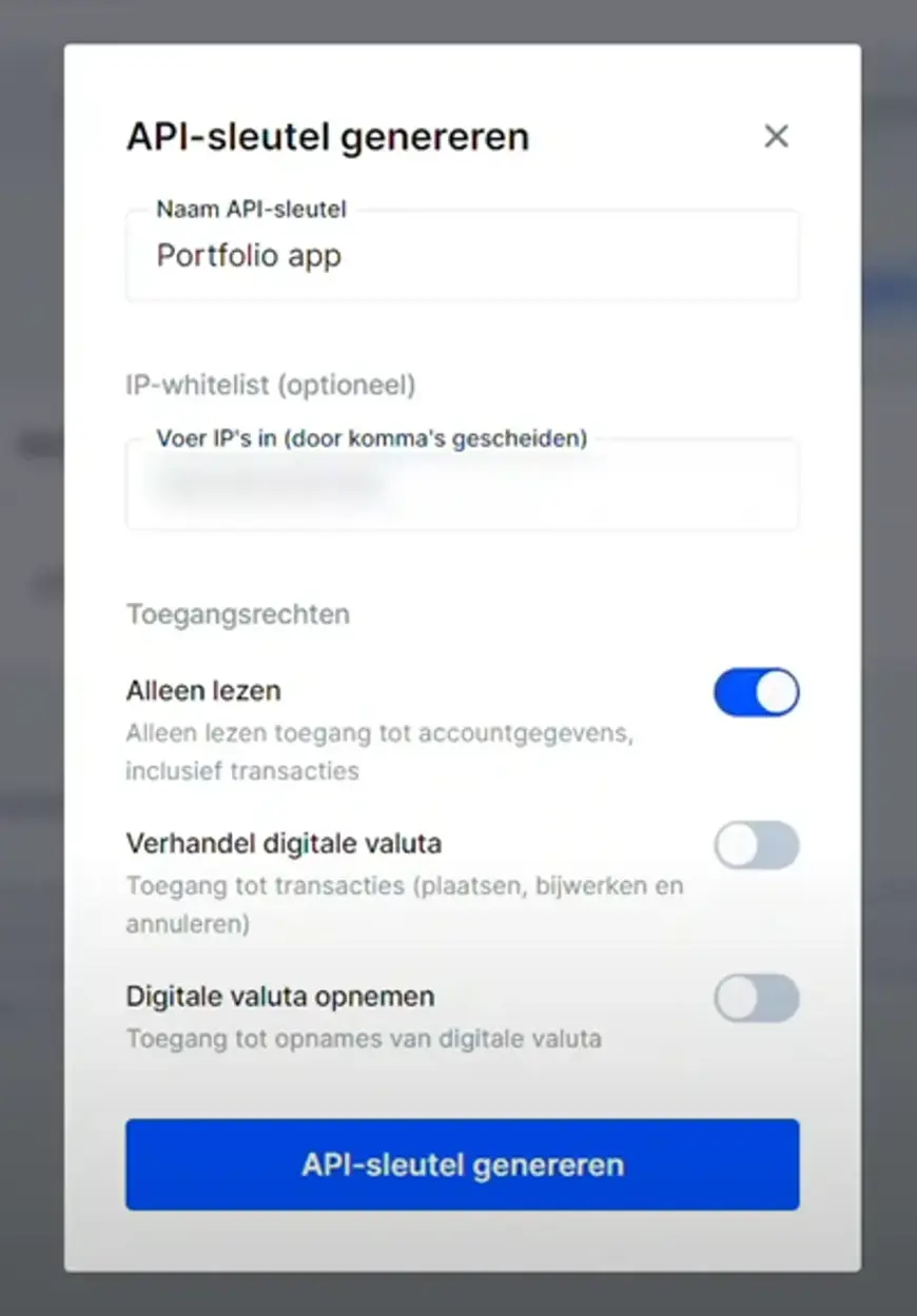 Een screenshot van Bitvavo met de gegevens van een API-sleutel