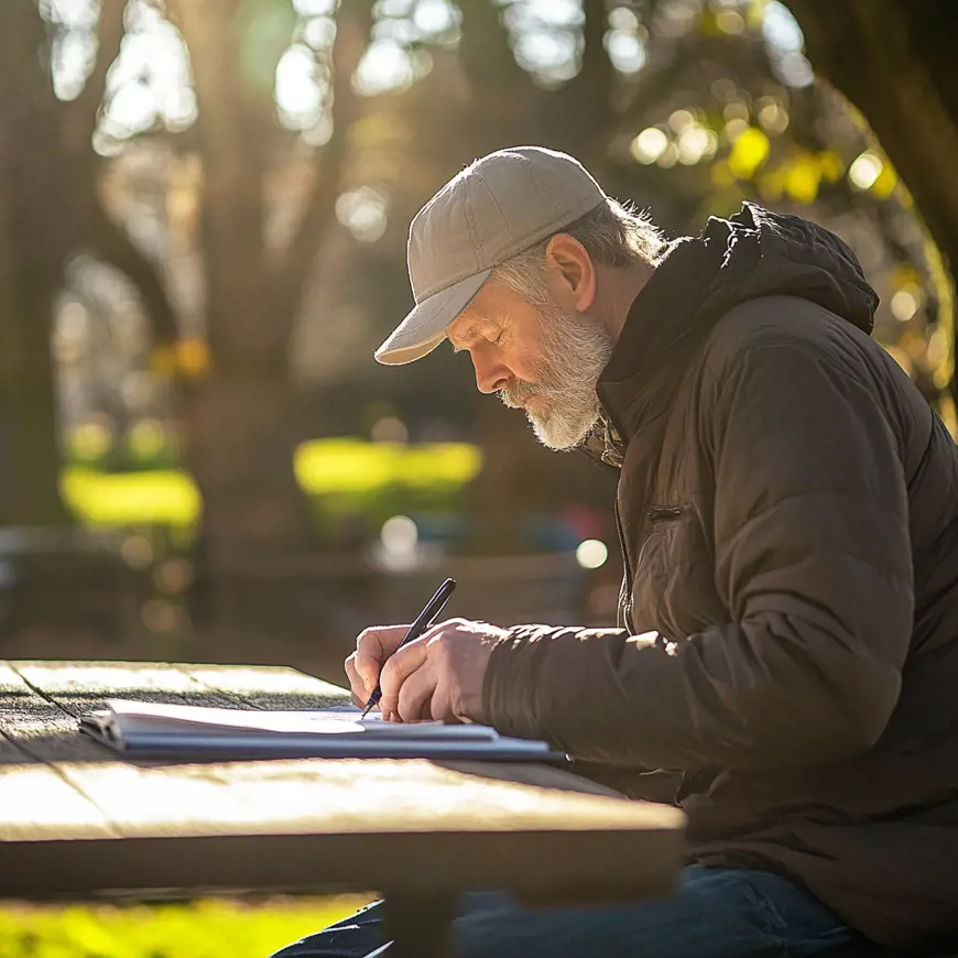 Een oudere man die buiten aan tafel zit met pen en papier.