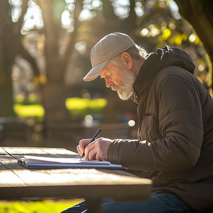 Een oudere man die buiten aan tafel zit met pen en papier.