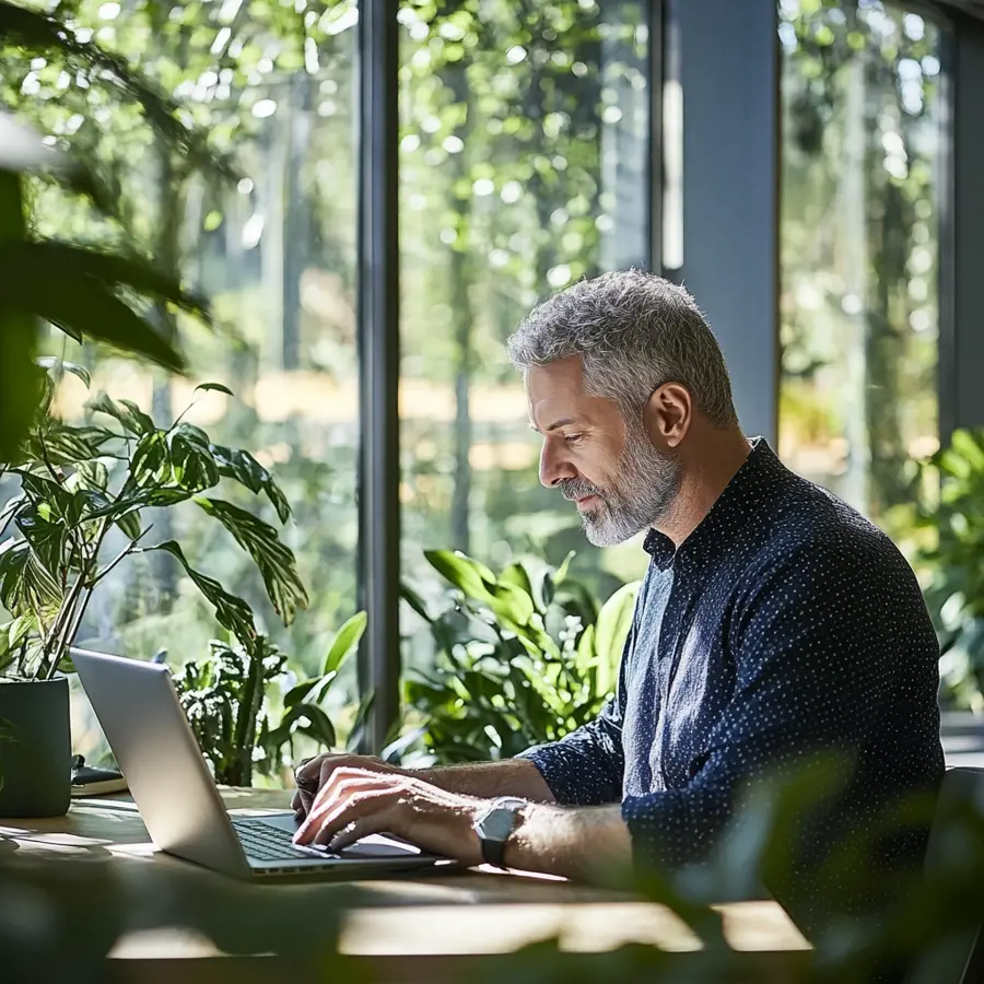 Een oudere man met grijs haar en grijs baar in een blauwe overhemd met witte rondjes die werkt op een laptop
