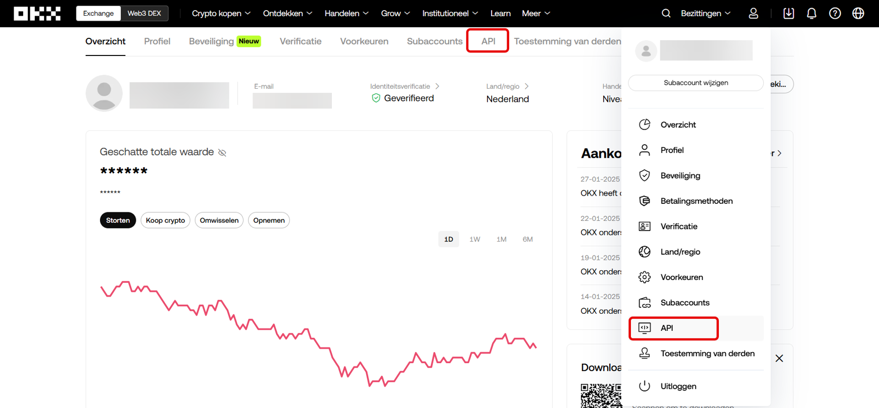 Het interface van OKX met een aanduiding waar de API zit.