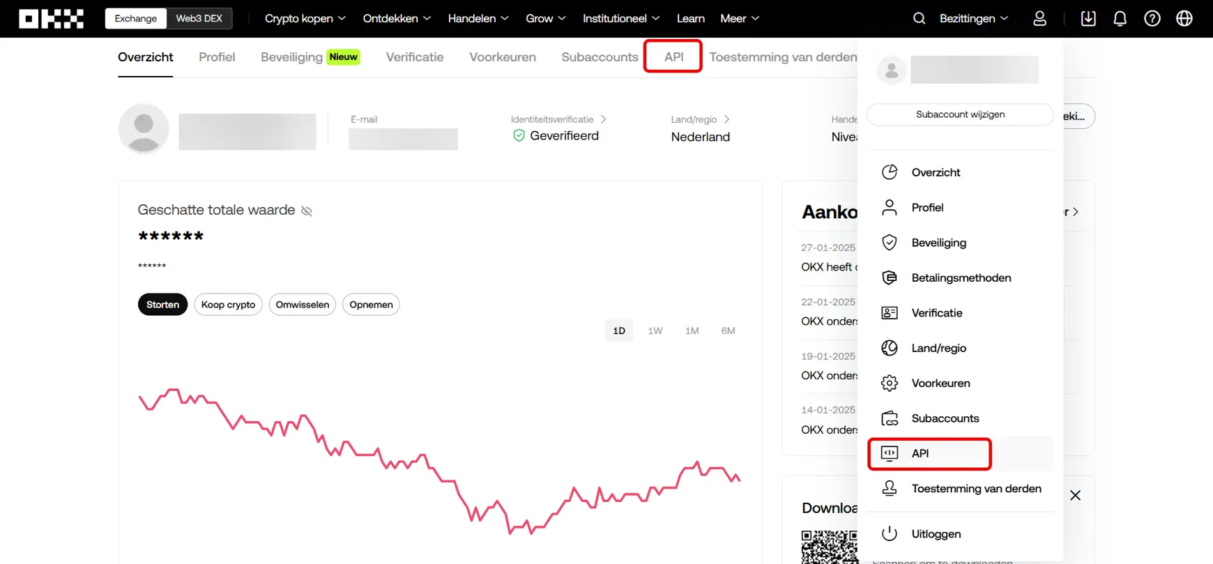 Het interface van OKX met een aanduiding waar de API zit.