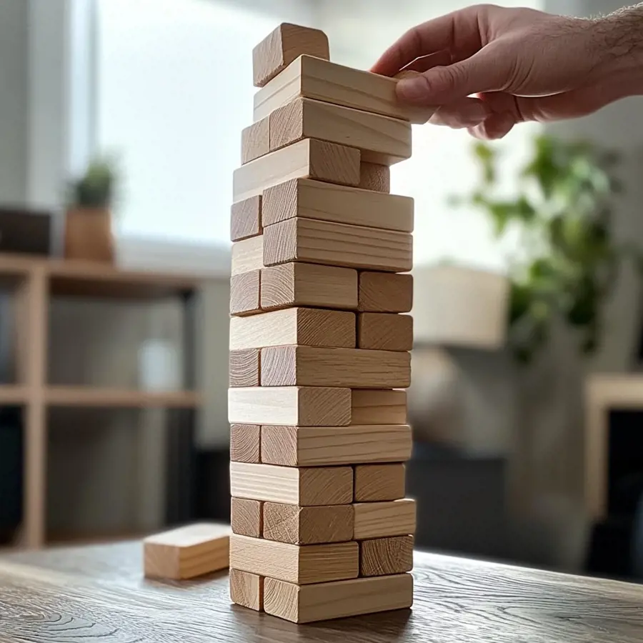 Een stapel houten bloken netjes in een stapel tot toren gemaakt.