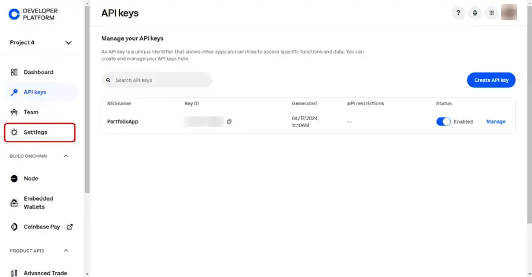 Screenshot van Coinbase met een aanwijzing voor settings
