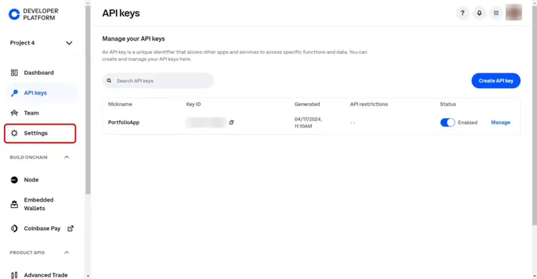 Screenshot van Coinbase met een aanwijzing voor settings