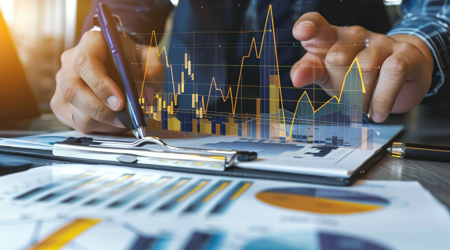 Fotorealistische weergave van portfoliobeheer met grafieken en financiële gegevens.