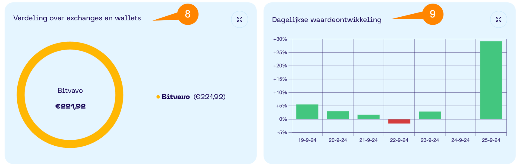 Coin Dashboard grafieken die de verdeling over wallets en dagelijkse waardeontwikkeling.