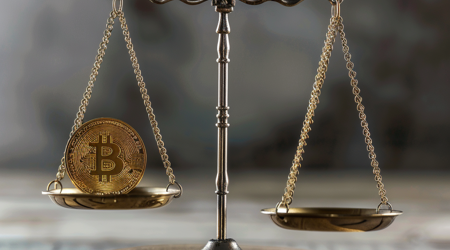 Een weegschaal met aan de linkerkant een bitcoin.