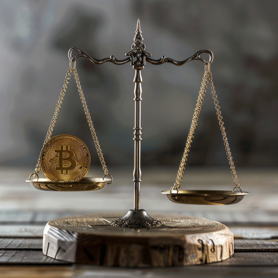 Een weegschaal met aan de linkerkant een bitcoin.