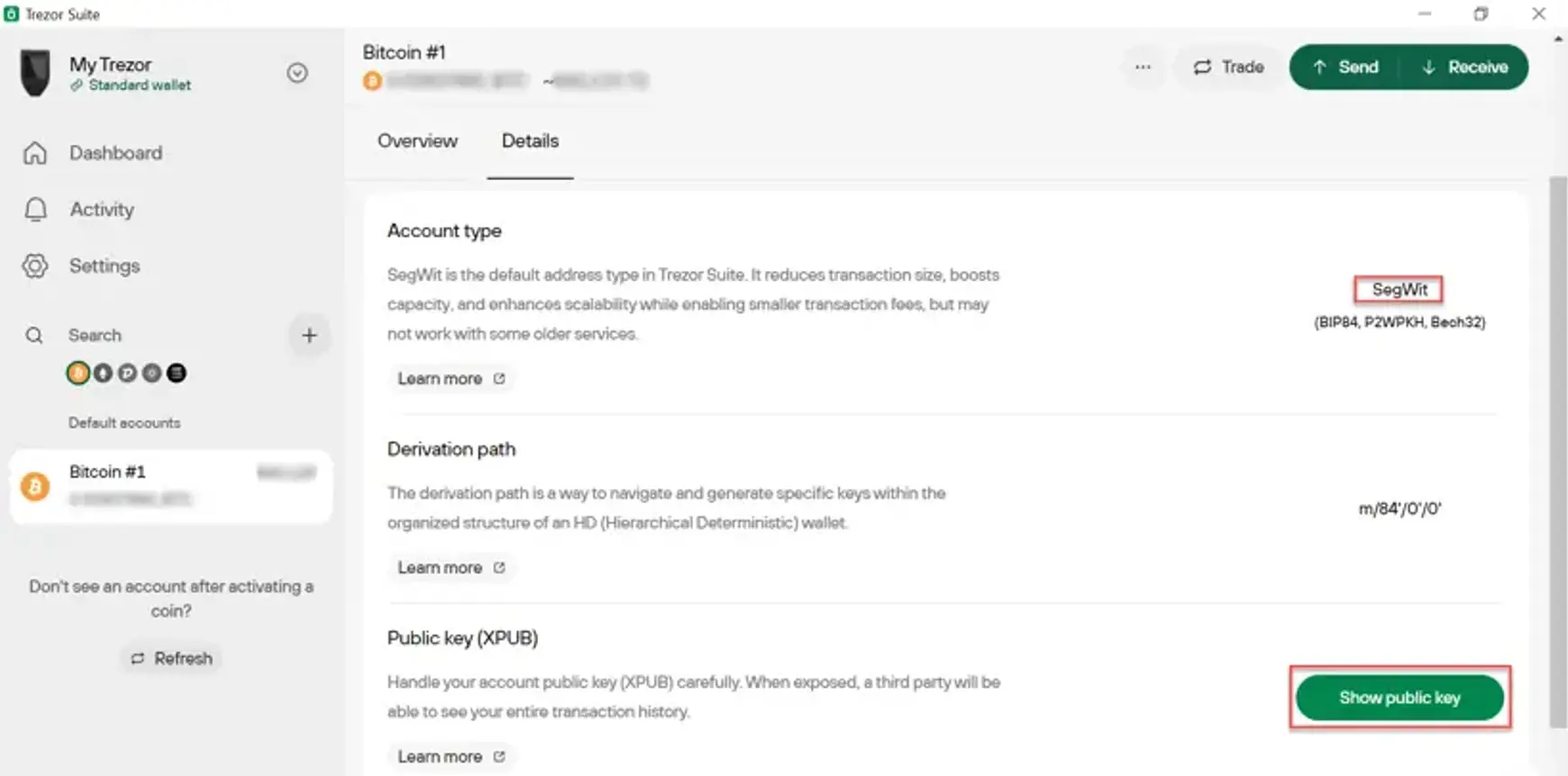 Screenshot van Trezor over Bitcoin Details