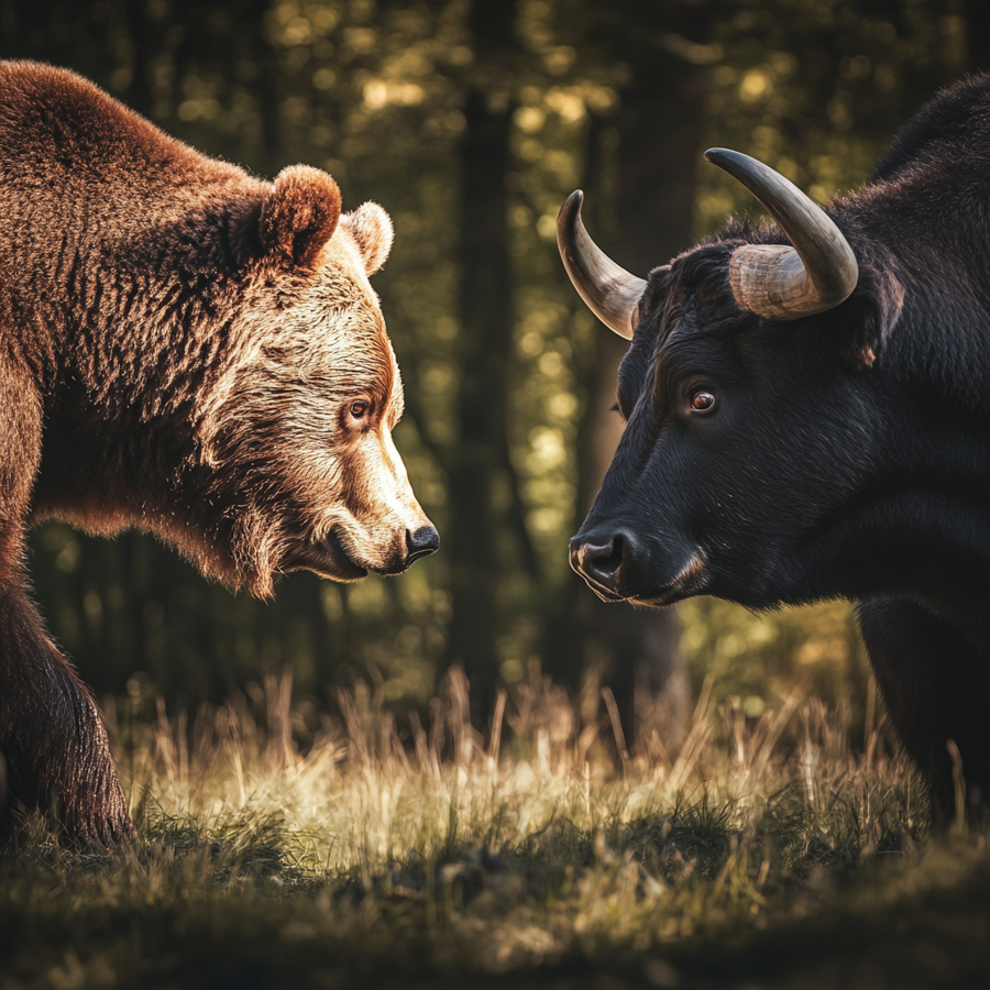Een beer en een stier die naar elkaar staren.