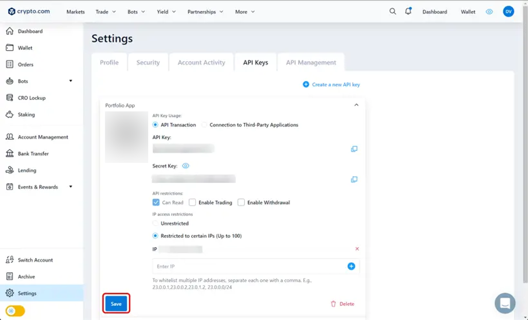 Een screeshot van Crypto.com voor het aanmaken van een API-Sleutel