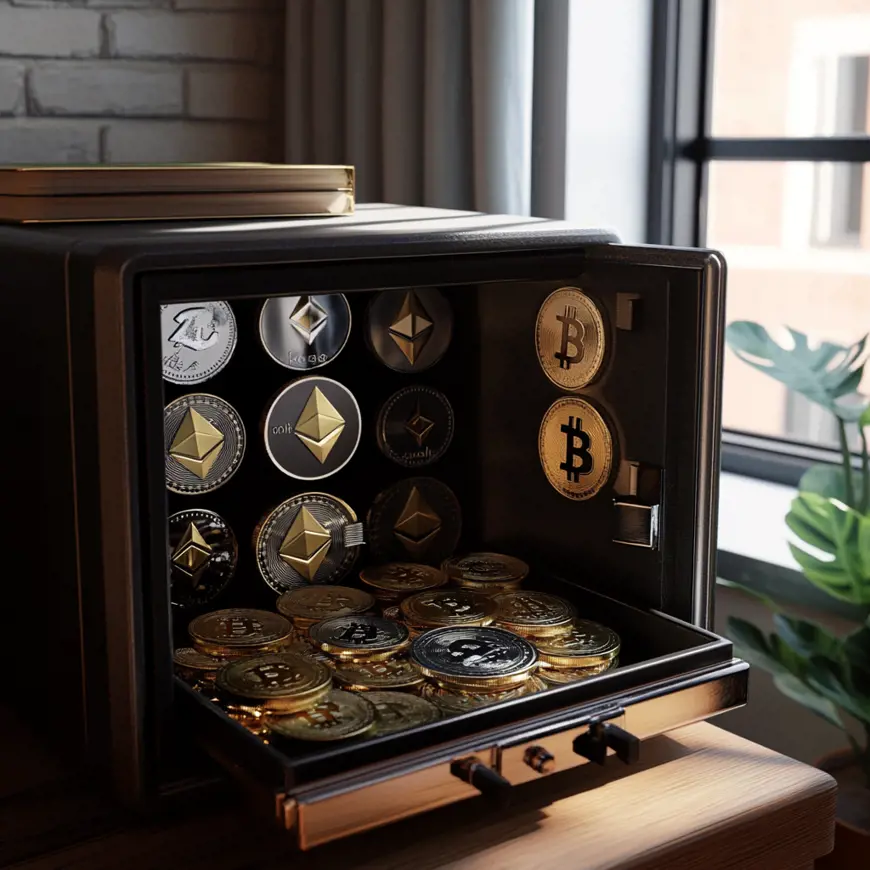 Een geopende kluis met daarin verschillende crypto munten