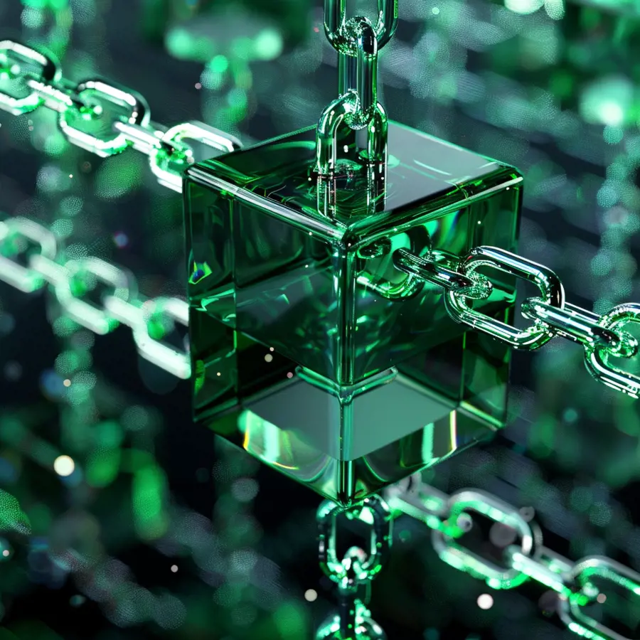 Een groen gekleurde plaatje van een blockchain met een close-up van een block.