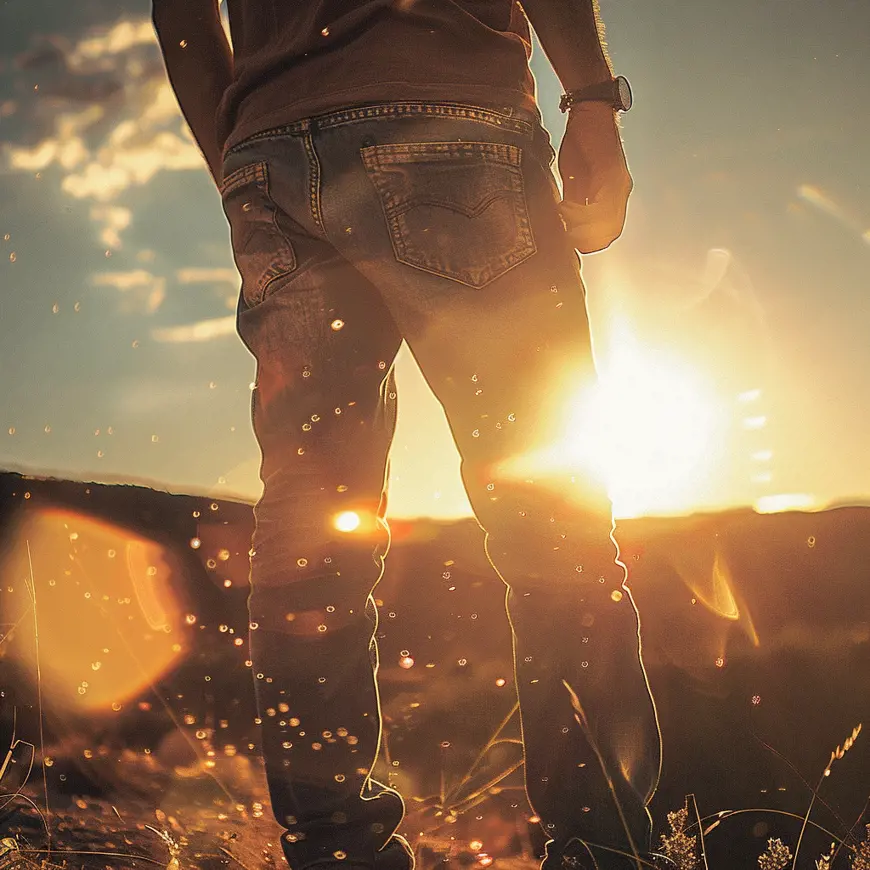 Afbeelding van iemand in jeans die op een bergtop staat en uitkijkt over een weids landschap