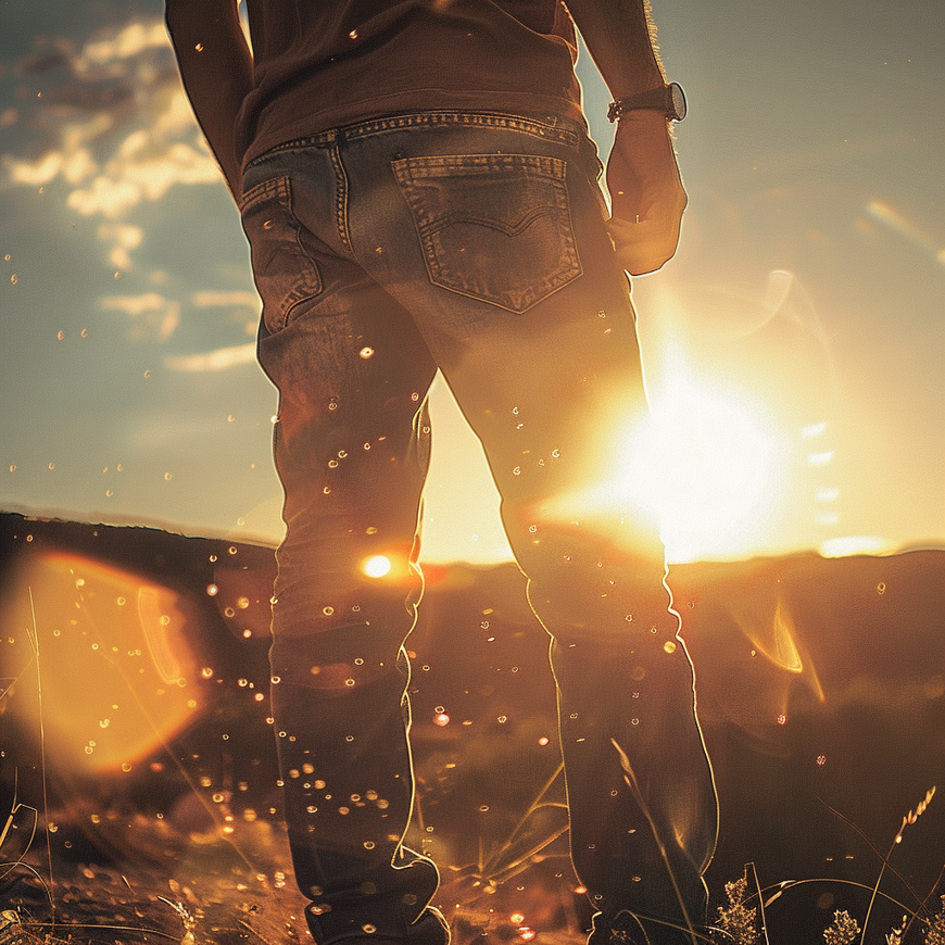 Afbeelding van iemand in jeans die op een bergtop staat en uitkijkt over een weids landschap
