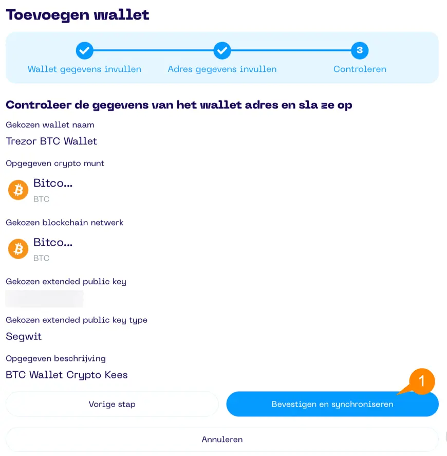 Een screenshot van de Portfolio App met schermonderdeel aanwijzingen voor het wallet toevoegen scherm 3