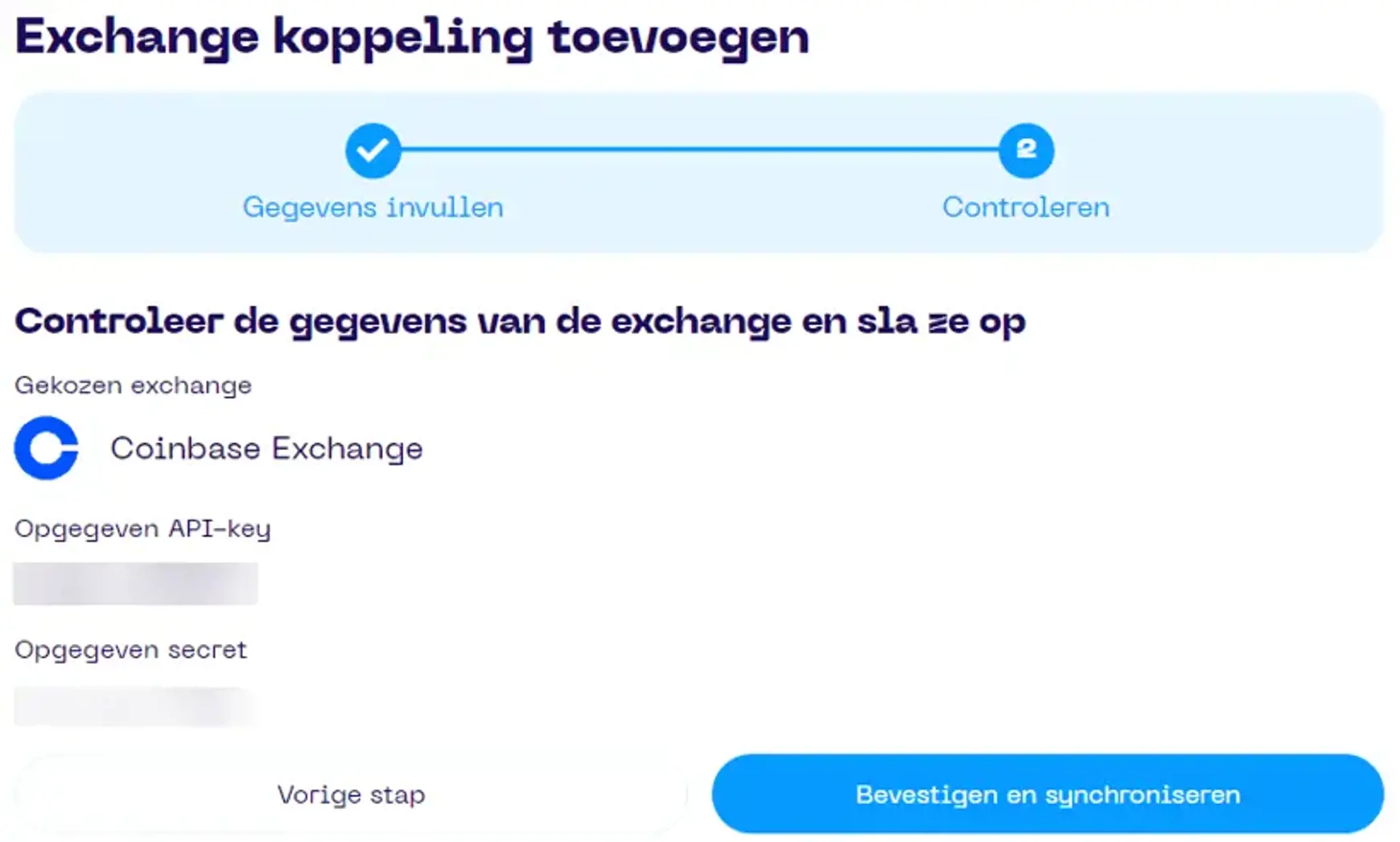 Een screenshot van de Portfolio App met schermonderdeel aanwijzingen voor koppelen van Coinbase stap 2
