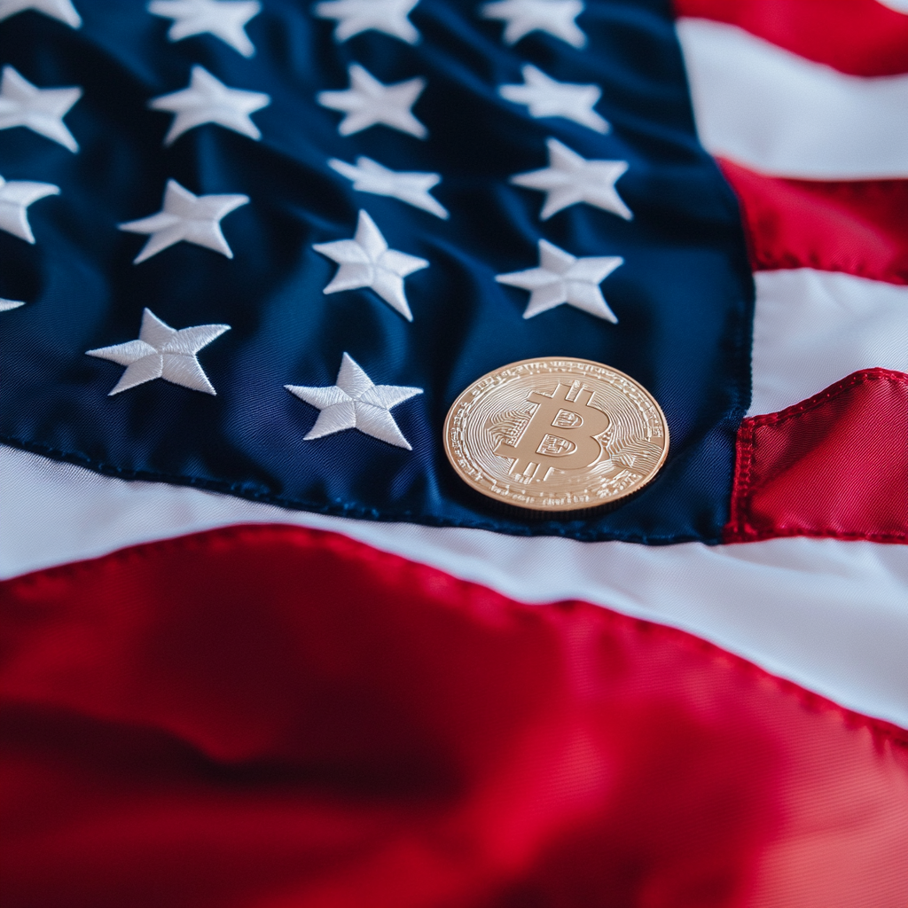 Een close-up foto van de Amerikaanse vlag met een Bitcoin-munt erop