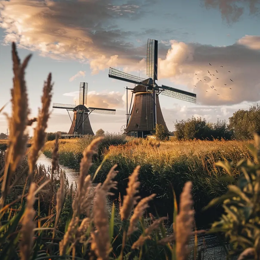 Landschapsfoto van Nederland met karakteristieke elementen zoals water, graan velden en windmolens.