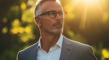 Een oudere man in een grijs pak die naar rechts kijkt met zon in de achtergrond.