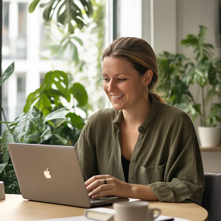 Een vrouw in de 30 die op een laptop werkt met planten in de achtergrond.