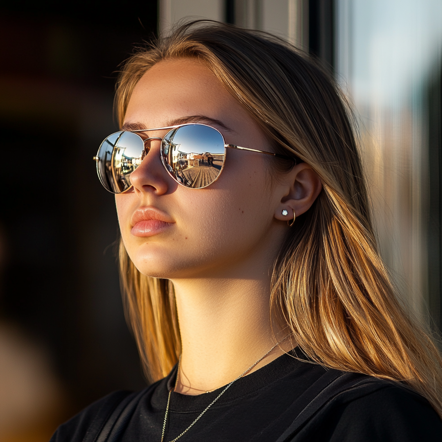 Een jonge vrouw met licht bruin haar en spiegelende zonnebril die naar links kijkt.