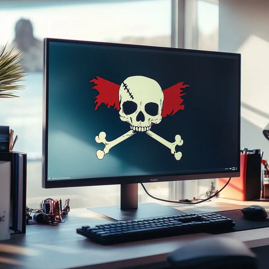 Een computer scherm met een piraten teken.