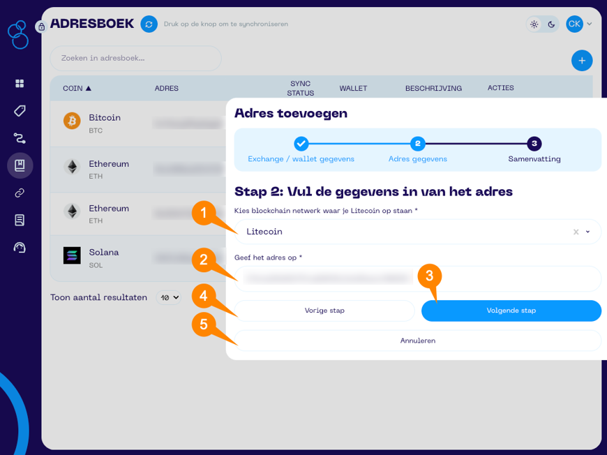 Een screenshot van de Portfolio App met schermonderdeel aanwijzingen voor het adres toevoegen scherm