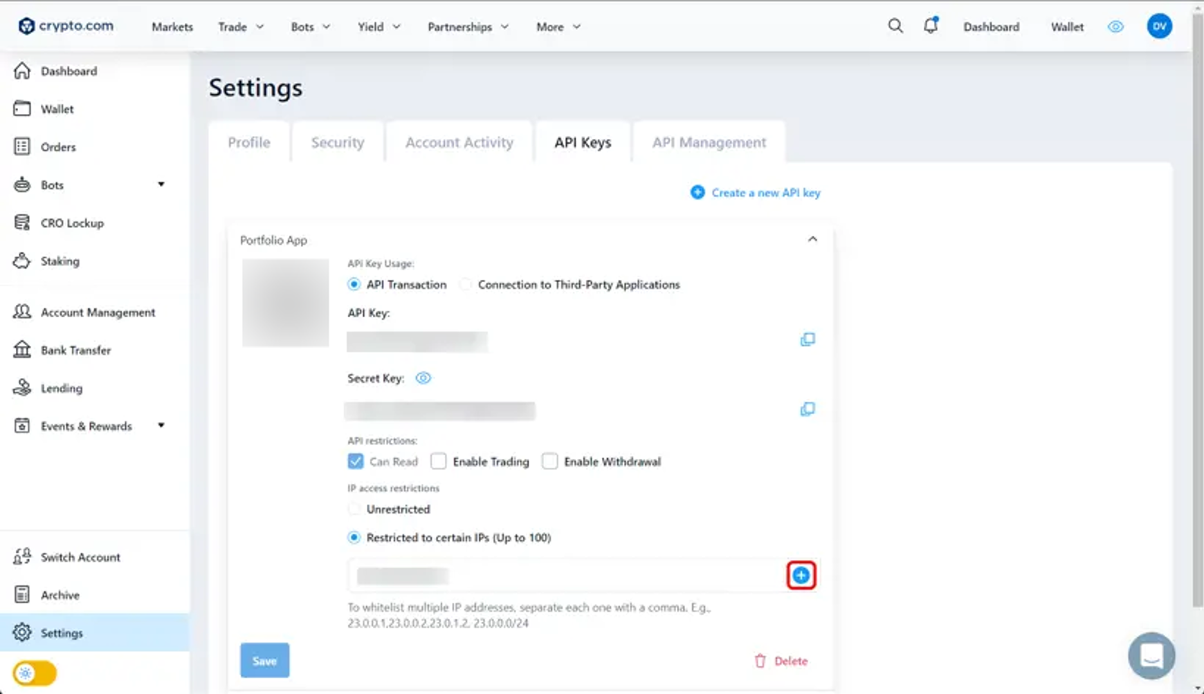 Een screeshot van Crypto.com voor het aanmaken van een API-Sleutel