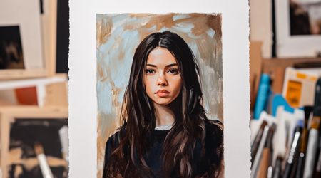 Een aquarel schilderij van een vrouw op een ezel met andere schilderijen in de achtergrond.