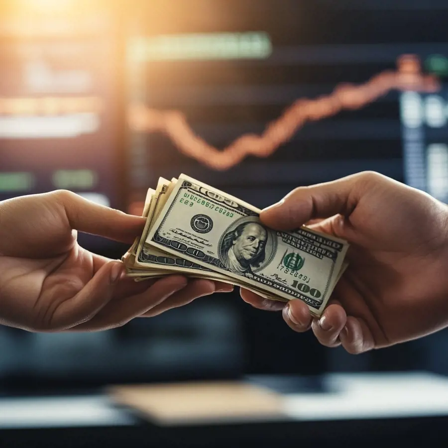 Twee handen die een stapel dollars uitwisselen