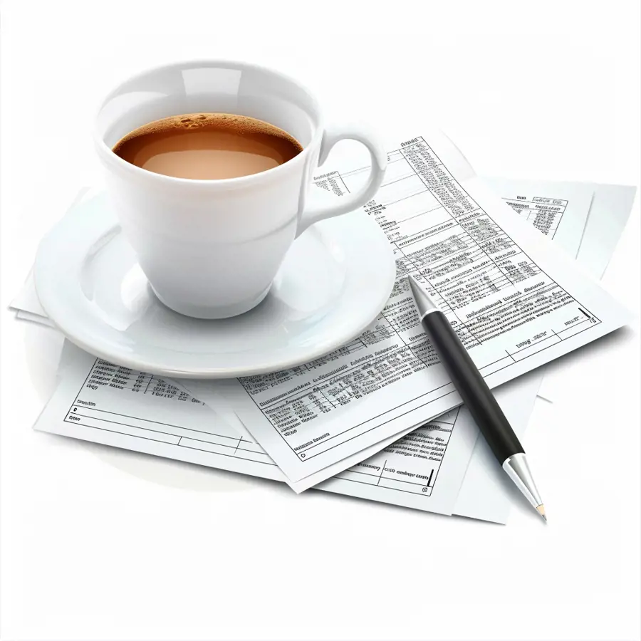Een witte kop met koffie bovenop papieren met een pen.