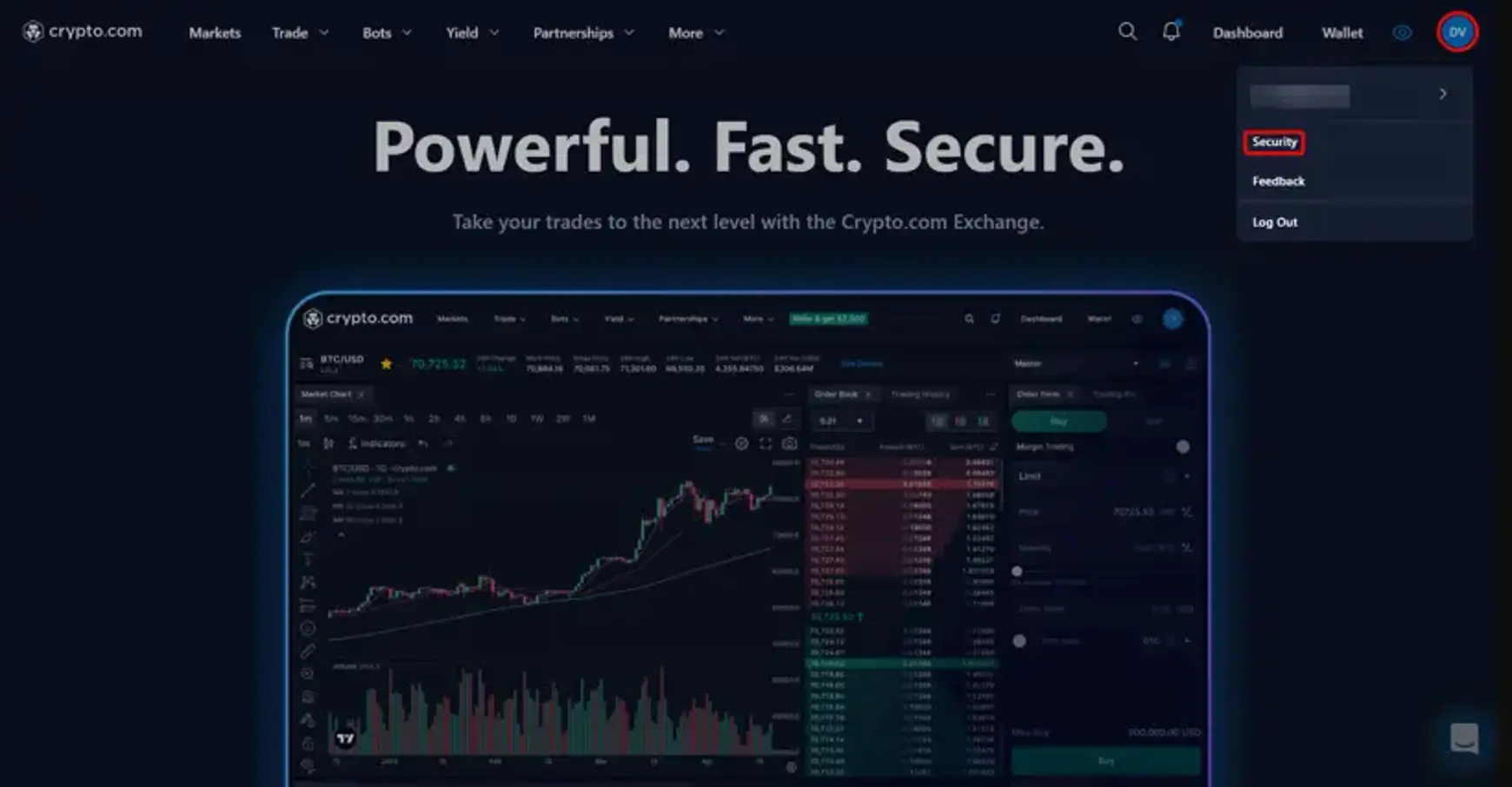 Screenshot van Coinbase met een aanwijzing voor profiel en security