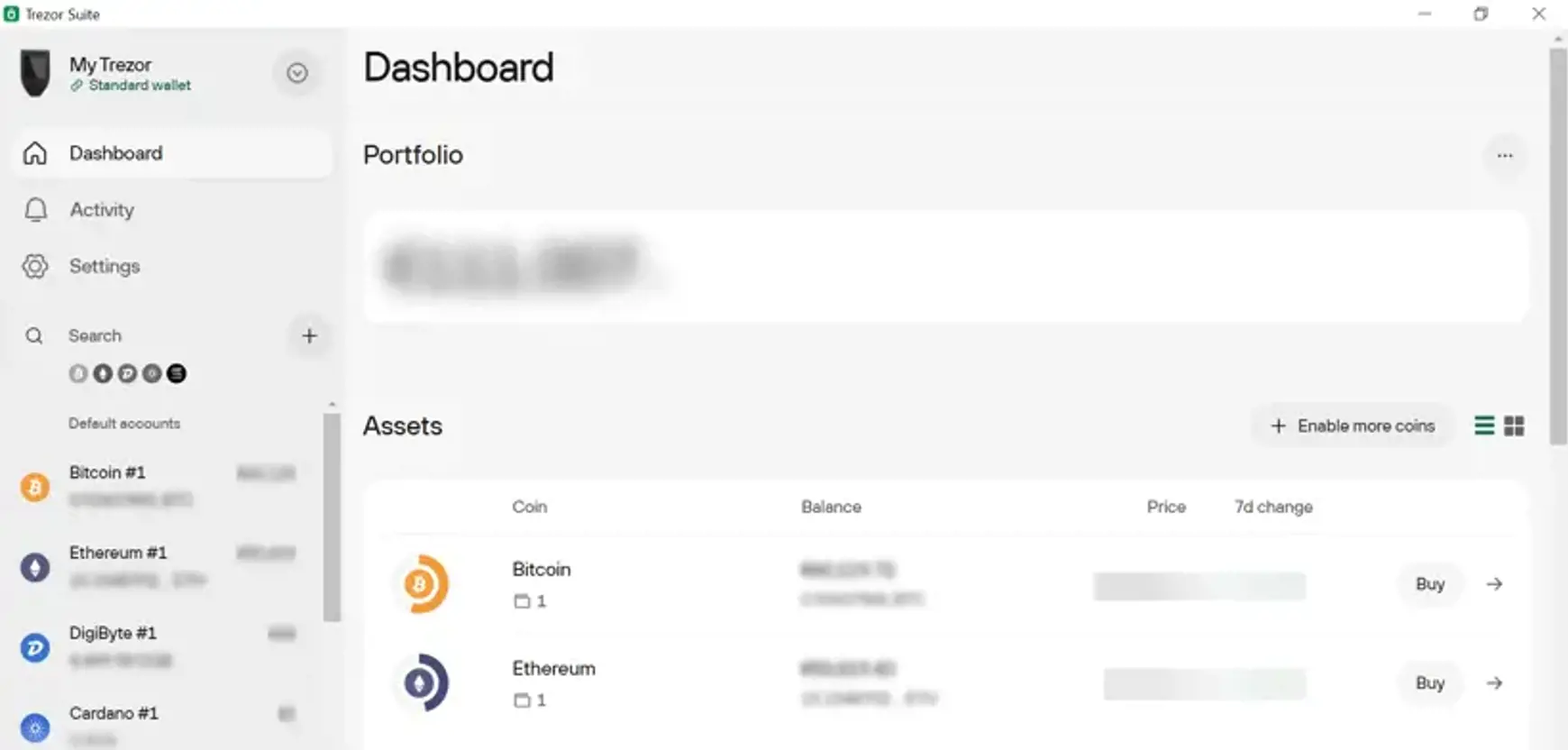 Screenshot van Trezor over het Dashboard